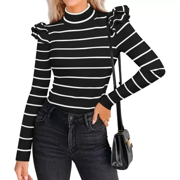 imageZESICA Womens Striped Ruffle Long Sleeve Sweaters 2024 Fall Turtleneck Ribbed Knit Slim Fit Basic Casual Pullover TopsBlack