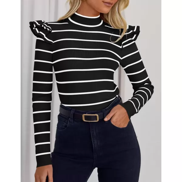 imageZESICA Womens Striped Ruffle Long Sleeve Sweaters 2024 Fall Turtleneck Ribbed Knit Slim Fit Basic Casual Pullover TopsBlack