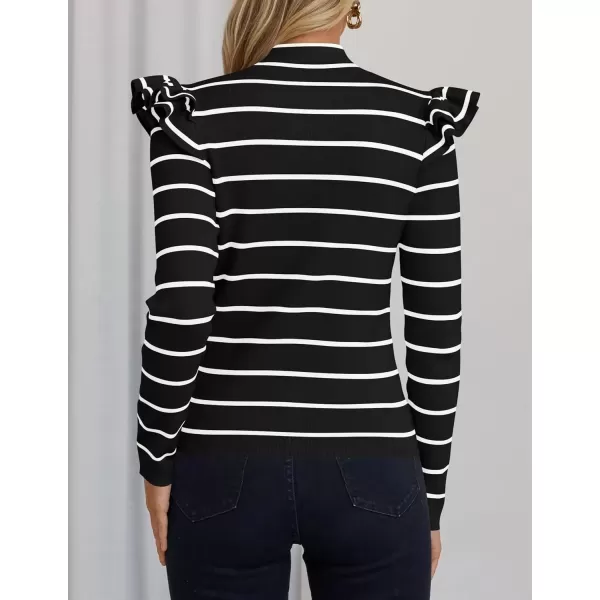 imageZESICA Womens Striped Ruffle Long Sleeve Sweaters 2024 Fall Turtleneck Ribbed Knit Slim Fit Basic Casual Pullover TopsBlack