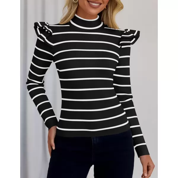 imageZESICA Womens Striped Ruffle Long Sleeve Sweaters 2024 Fall Turtleneck Ribbed Knit Slim Fit Basic Casual Pullover TopsBlack
