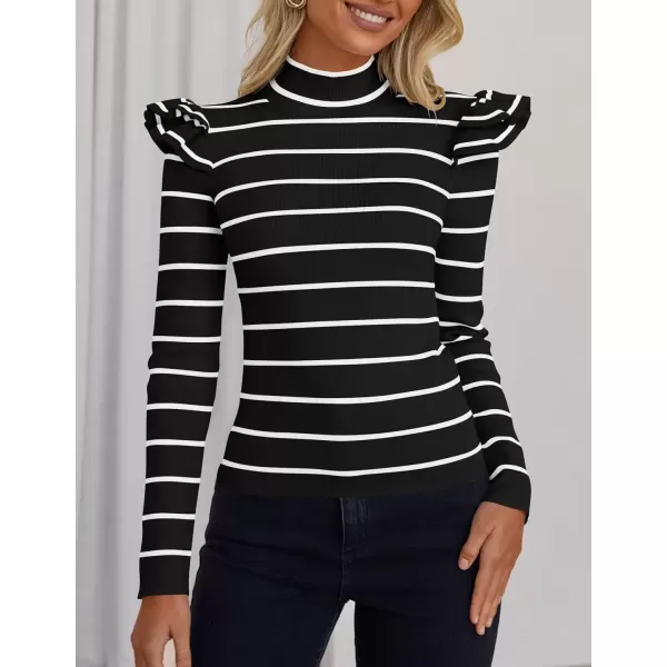 imageZESICA Womens Striped Ruffle Long Sleeve Sweaters 2024 Fall Turtleneck Ribbed Knit Slim Fit Basic Casual Pullover TopsBlack