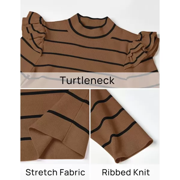 imageZESICA Womens Striped Ruffle Long Sleeve Sweaters 2024 Fall Turtleneck Ribbed Knit Slim Fit Basic Casual Pullover TopsBrown