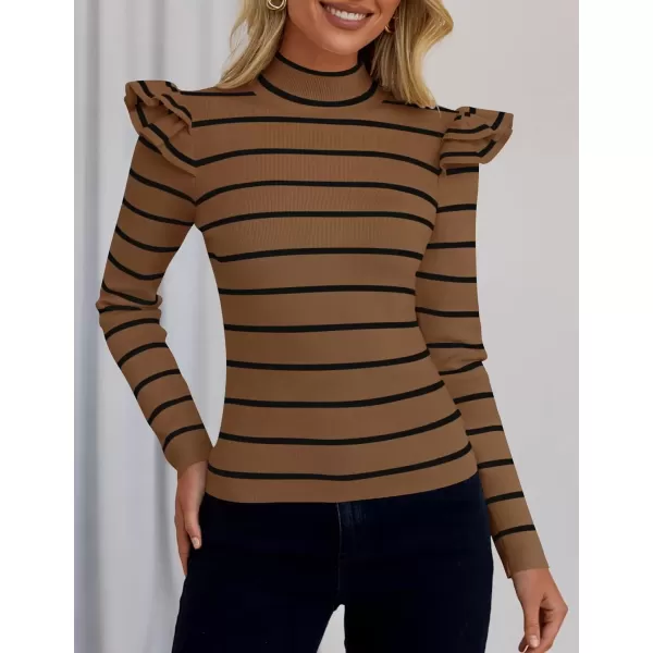 imageZESICA Womens Striped Ruffle Long Sleeve Sweaters 2024 Fall Turtleneck Ribbed Knit Slim Fit Basic Casual Pullover TopsBrown