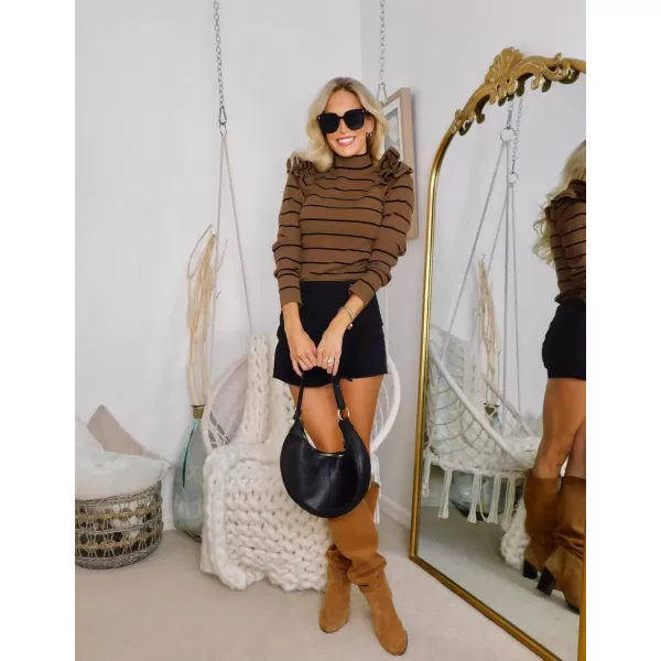 imageZESICA Womens Striped Ruffle Long Sleeve Sweaters 2024 Fall Turtleneck Ribbed Knit Slim Fit Basic Casual Pullover TopsBrown
