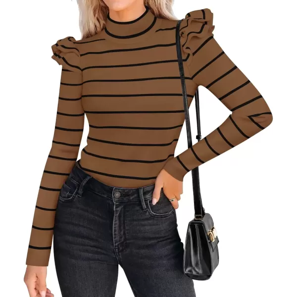 imageZESICA Womens Striped Ruffle Long Sleeve Sweaters 2024 Fall Turtleneck Ribbed Knit Slim Fit Basic Casual Pullover TopsBrown