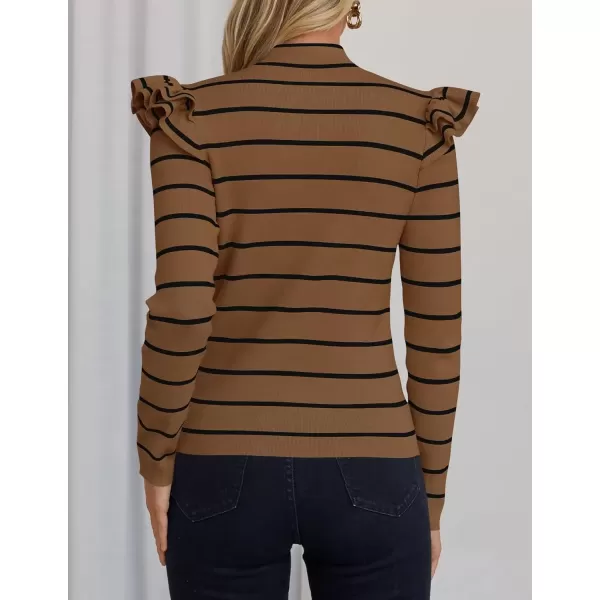 imageZESICA Womens Striped Ruffle Long Sleeve Sweaters 2024 Fall Turtleneck Ribbed Knit Slim Fit Basic Casual Pullover TopsBrown
