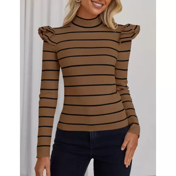imageZESICA Womens Striped Ruffle Long Sleeve Sweaters 2024 Fall Turtleneck Ribbed Knit Slim Fit Basic Casual Pullover TopsBrown