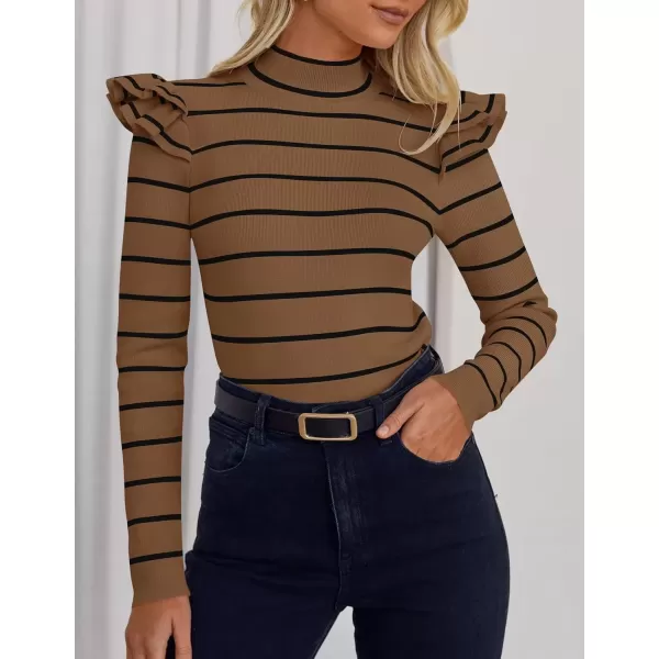 imageZESICA Womens Striped Ruffle Long Sleeve Sweaters 2024 Fall Turtleneck Ribbed Knit Slim Fit Basic Casual Pullover TopsBrown