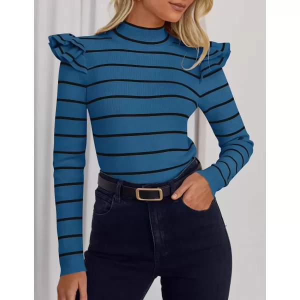 imageZESICA Womens Striped Ruffle Long Sleeve Sweaters 2024 Fall Turtleneck Ribbed Knit Slim Fit Basic Casual Pullover TopsDark Blue