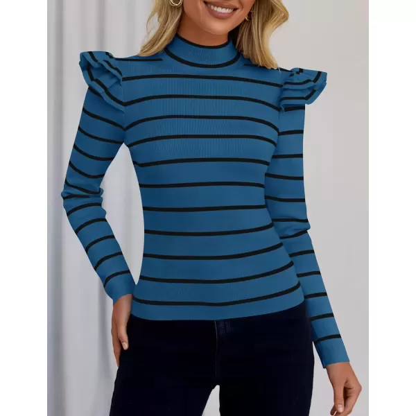 imageZESICA Womens Striped Ruffle Long Sleeve Sweaters 2024 Fall Turtleneck Ribbed Knit Slim Fit Basic Casual Pullover TopsDark Blue