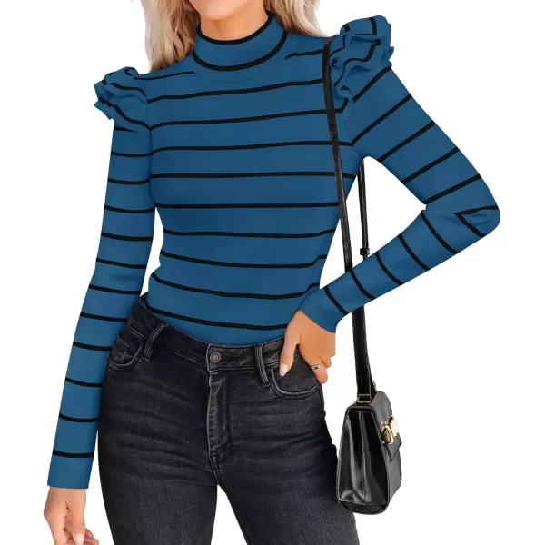 imageZESICA Womens Striped Ruffle Long Sleeve Sweaters 2024 Fall Turtleneck Ribbed Knit Slim Fit Basic Casual Pullover TopsDark Blue
