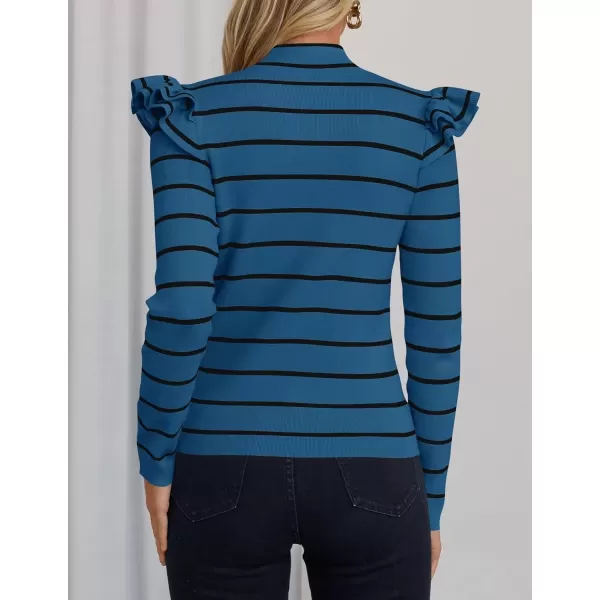 imageZESICA Womens Striped Ruffle Long Sleeve Sweaters 2024 Fall Turtleneck Ribbed Knit Slim Fit Basic Casual Pullover TopsDark Blue