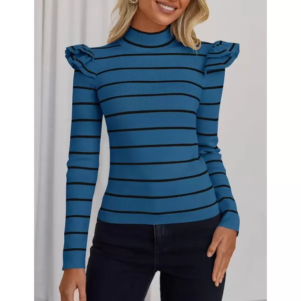 imageZESICA Womens Striped Ruffle Long Sleeve Sweaters 2024 Fall Turtleneck Ribbed Knit Slim Fit Basic Casual Pullover TopsDark Blue