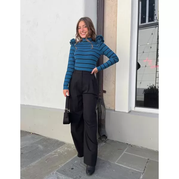 imageZESICA Womens Striped Ruffle Long Sleeve Sweaters 2024 Fall Turtleneck Ribbed Knit Slim Fit Basic Casual Pullover TopsDark Blue