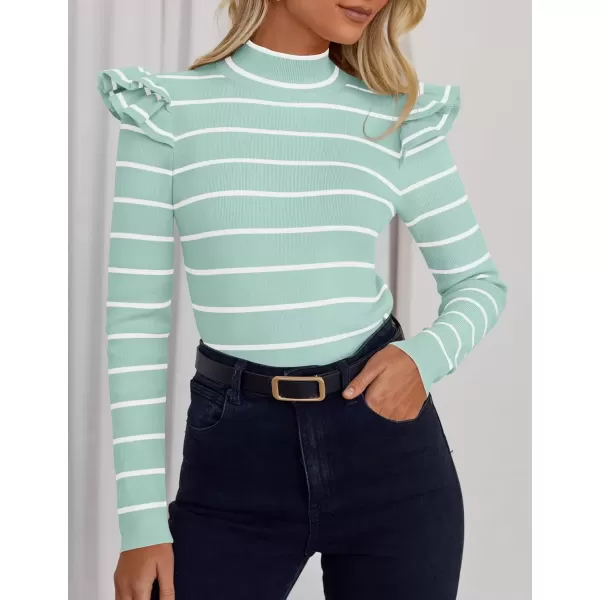 imageZESICA Womens Striped Ruffle Long Sleeve Sweaters 2024 Fall Turtleneck Ribbed Knit Slim Fit Basic Casual Pullover TopsMint