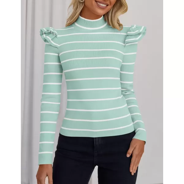 imageZESICA Womens Striped Ruffle Long Sleeve Sweaters 2024 Fall Turtleneck Ribbed Knit Slim Fit Basic Casual Pullover TopsMint