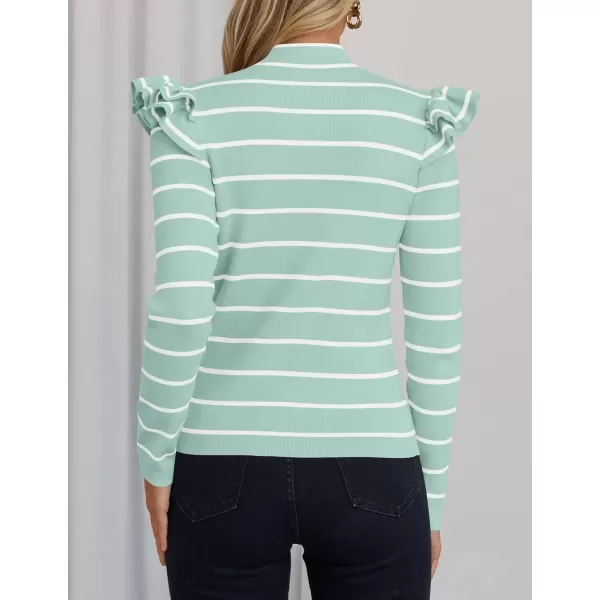 imageZESICA Womens Striped Ruffle Long Sleeve Sweaters 2024 Fall Turtleneck Ribbed Knit Slim Fit Basic Casual Pullover TopsMint