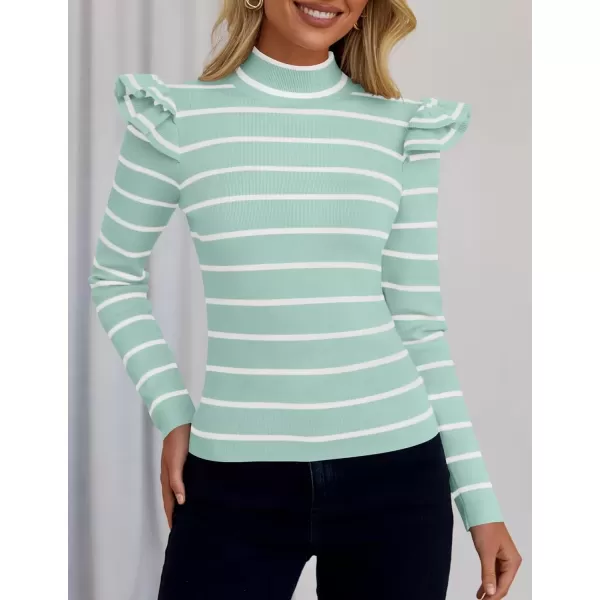imageZESICA Womens Striped Ruffle Long Sleeve Sweaters 2024 Fall Turtleneck Ribbed Knit Slim Fit Basic Casual Pullover TopsMint