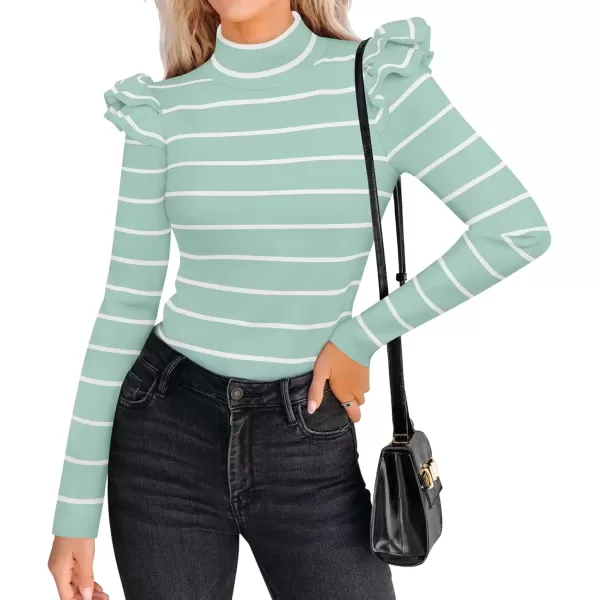 imageZESICA Womens Striped Ruffle Long Sleeve Sweaters 2024 Fall Turtleneck Ribbed Knit Slim Fit Basic Casual Pullover TopsMint