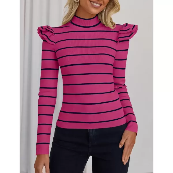 imageZESICA Womens Striped Ruffle Long Sleeve Sweaters 2024 Fall Turtleneck Ribbed Knit Slim Fit Basic Casual Pullover TopsRose