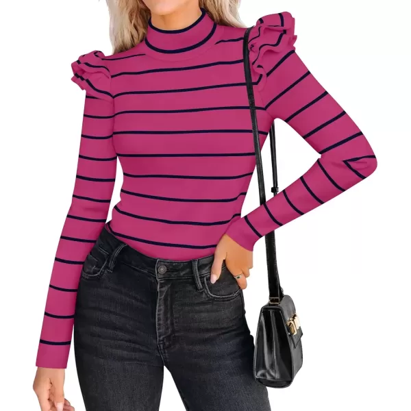 imageZESICA Womens Striped Ruffle Long Sleeve Sweaters 2024 Fall Turtleneck Ribbed Knit Slim Fit Basic Casual Pullover TopsRose