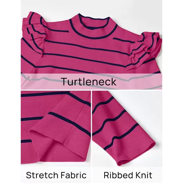 imageZESICA Womens Striped Ruffle Long Sleeve Sweaters 2024 Fall Turtleneck Ribbed Knit Slim Fit Basic Casual Pullover TopsRose