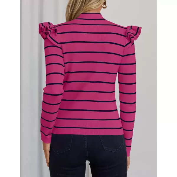 imageZESICA Womens Striped Ruffle Long Sleeve Sweaters 2024 Fall Turtleneck Ribbed Knit Slim Fit Basic Casual Pullover TopsRose