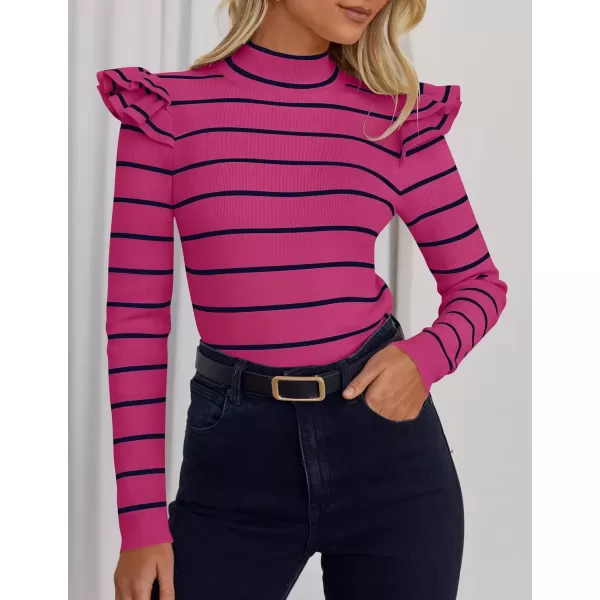 imageZESICA Womens Striped Ruffle Long Sleeve Sweaters 2024 Fall Turtleneck Ribbed Knit Slim Fit Basic Casual Pullover TopsRose