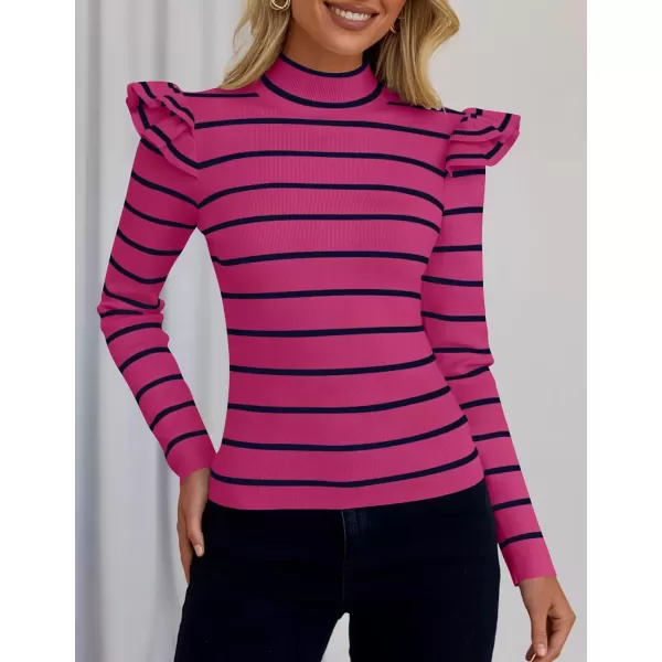 imageZESICA Womens Striped Ruffle Long Sleeve Sweaters 2024 Fall Turtleneck Ribbed Knit Slim Fit Basic Casual Pullover TopsRose
