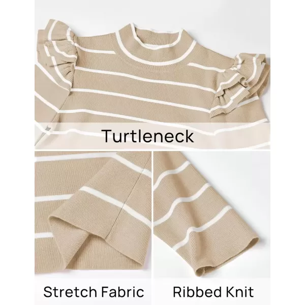 imageZESICA Womens Striped Ruffle Long Sleeve Sweaters 2024 Fall Turtleneck Ribbed Knit Slim Fit Basic Casual Pullover TopsSand