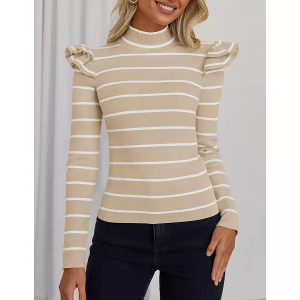 imageZESICA Womens Striped Ruffle Long Sleeve Sweaters 2024 Fall Turtleneck Ribbed Knit Slim Fit Basic Casual Pullover TopsSand