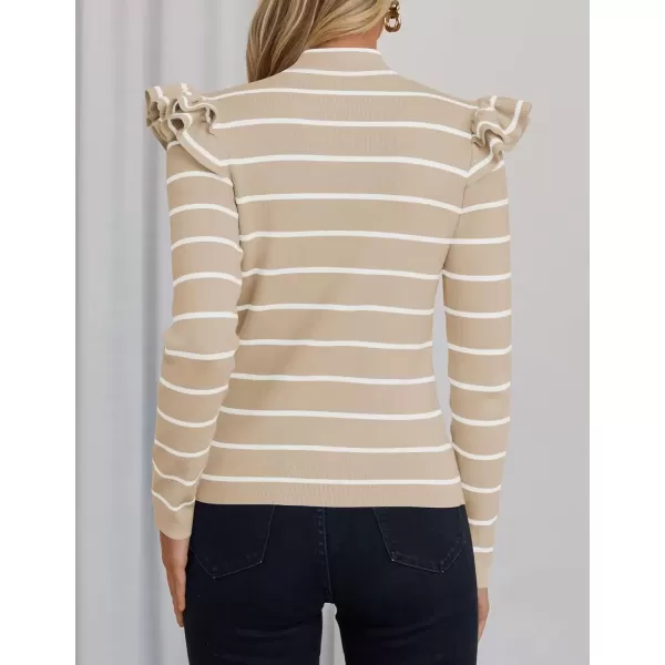 imageZESICA Womens Striped Ruffle Long Sleeve Sweaters 2024 Fall Turtleneck Ribbed Knit Slim Fit Basic Casual Pullover TopsSand