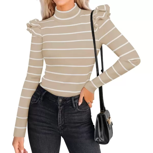 imageZESICA Womens Striped Ruffle Long Sleeve Sweaters 2024 Fall Turtleneck Ribbed Knit Slim Fit Basic Casual Pullover TopsSand
