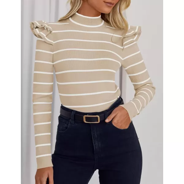 imageZESICA Womens Striped Ruffle Long Sleeve Sweaters 2024 Fall Turtleneck Ribbed Knit Slim Fit Basic Casual Pullover TopsSand