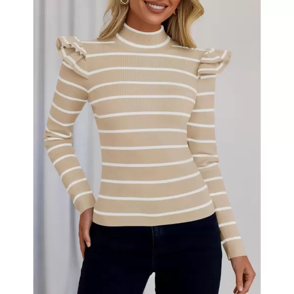 imageZESICA Womens Striped Ruffle Long Sleeve Sweaters 2024 Fall Turtleneck Ribbed Knit Slim Fit Basic Casual Pullover TopsSand