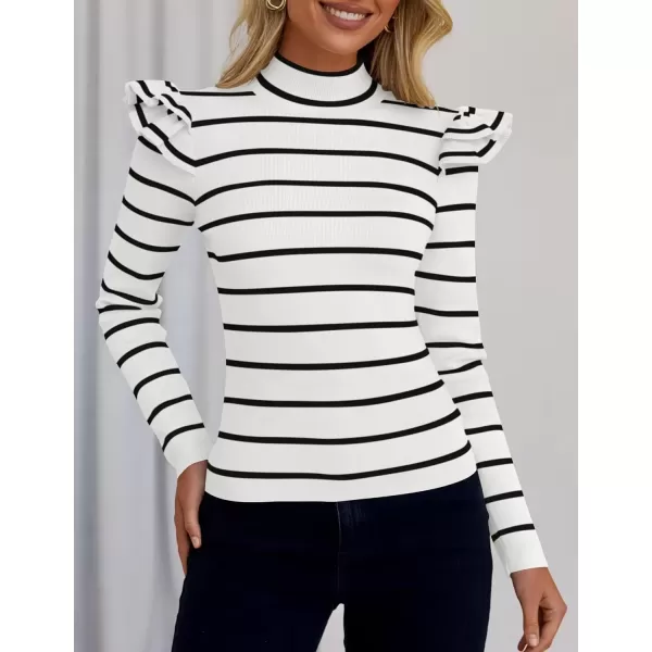 imageZESICA Womens Striped Ruffle Long Sleeve Sweaters 2024 Fall Turtleneck Ribbed Knit Slim Fit Basic Casual Pullover TopsWhite