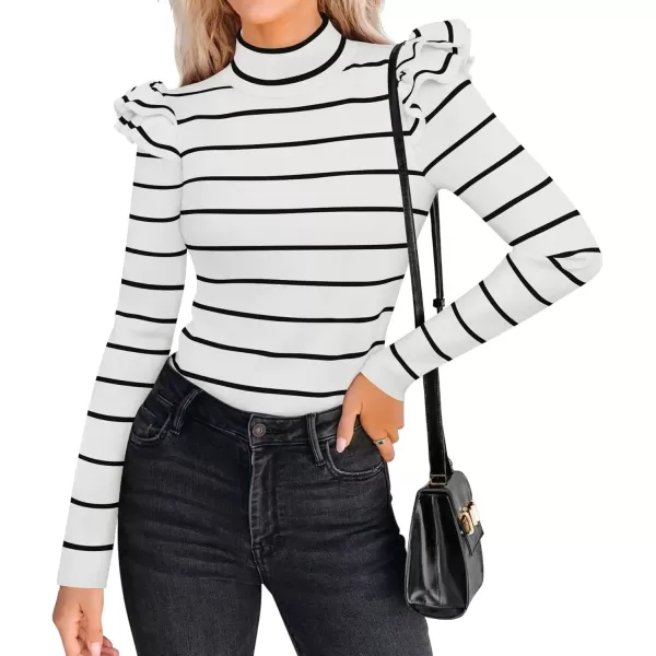imageZESICA Womens Striped Ruffle Long Sleeve Sweaters 2024 Fall Turtleneck Ribbed Knit Slim Fit Basic Casual Pullover TopsWhite