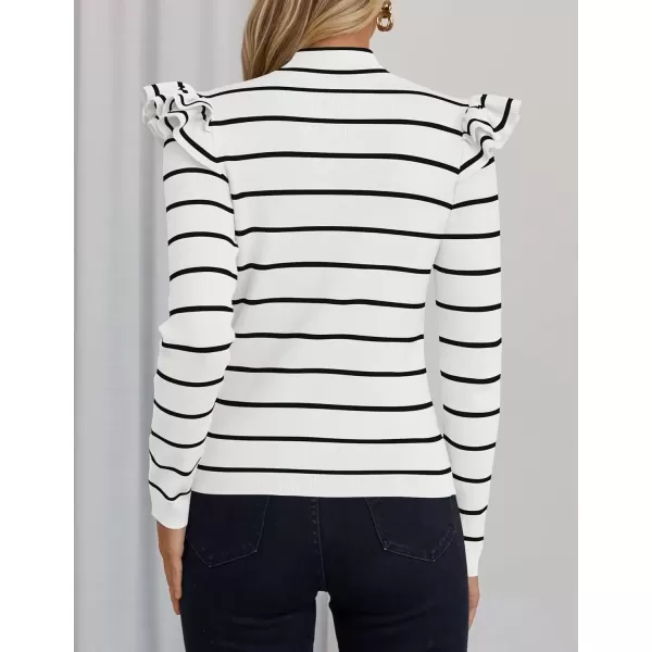 imageZESICA Womens Striped Ruffle Long Sleeve Sweaters 2024 Fall Turtleneck Ribbed Knit Slim Fit Basic Casual Pullover TopsWhite
