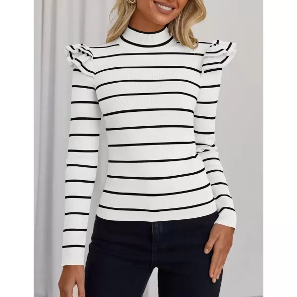 imageZESICA Womens Striped Ruffle Long Sleeve Sweaters 2024 Fall Turtleneck Ribbed Knit Slim Fit Basic Casual Pullover TopsWhite