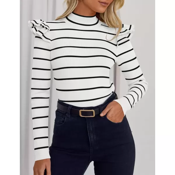 imageZESICA Womens Striped Ruffle Long Sleeve Sweaters 2024 Fall Turtleneck Ribbed Knit Slim Fit Basic Casual Pullover TopsWhite