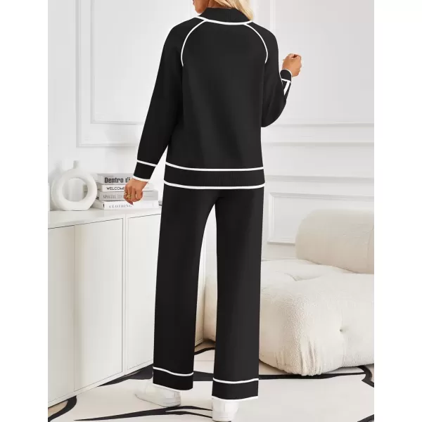 imageZESICA Womens Two Piece Outfits Sweater Sets Long Sleeve Turtleneck Pullover Tops Wide Leg Pants Lounge SetsBlack
