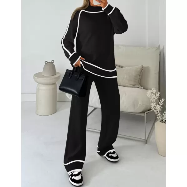 imageZESICA Womens Two Piece Outfits Sweater Sets Long Sleeve Turtleneck Pullover Tops Wide Leg Pants Lounge SetsBlack