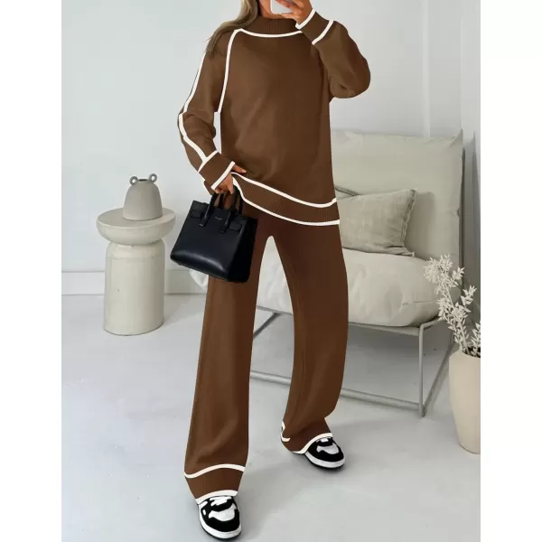 imageZESICA Womens Two Piece Outfits Sweater Sets Long Sleeve Turtleneck Pullover Tops Wide Leg Pants Lounge SetsCoffee