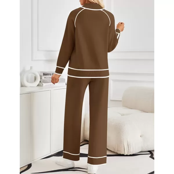 imageZESICA Womens Two Piece Outfits Sweater Sets Long Sleeve Turtleneck Pullover Tops Wide Leg Pants Lounge SetsCoffee