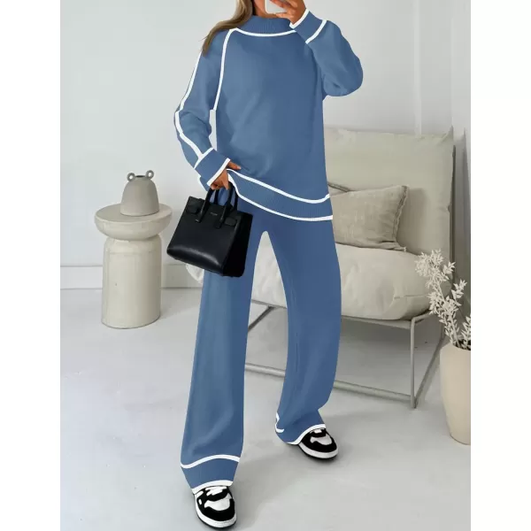 imageZESICA Womens Two Piece Outfits Sweater Sets Long Sleeve Turtleneck Pullover Tops Wide Leg Pants Lounge SetsDusty Blue