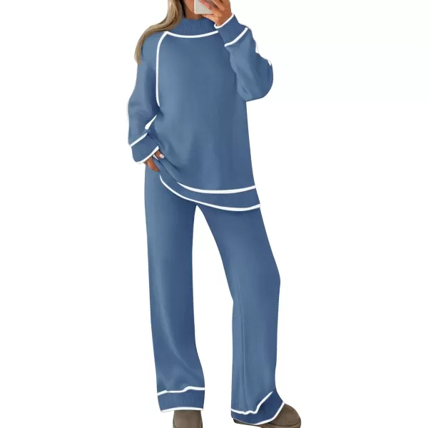 imageZESICA Womens Two Piece Outfits Sweater Sets Long Sleeve Turtleneck Pullover Tops Wide Leg Pants Lounge SetsDusty Blue