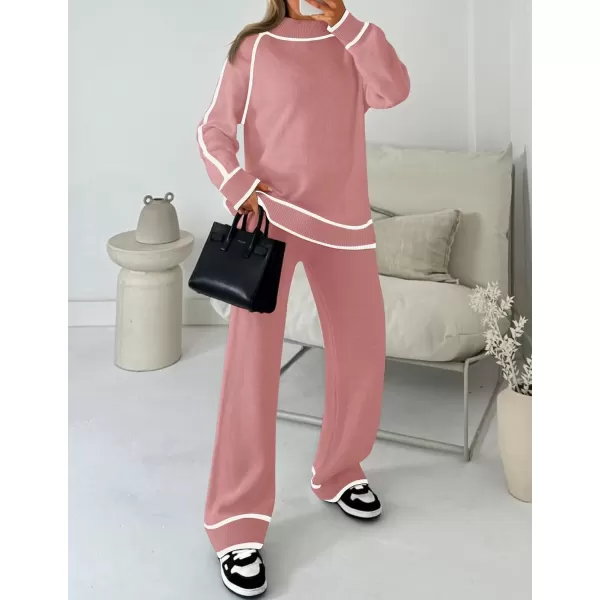 imageZESICA Womens Two Piece Outfits Sweater Sets Long Sleeve Turtleneck Pullover Tops Wide Leg Pants Lounge SetsDusty Pink