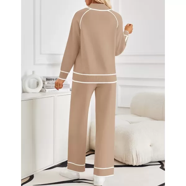 imageZESICA Womens Two Piece Outfits Sweater Sets Long Sleeve Turtleneck Pullover Tops Wide Leg Pants Lounge SetsKhaki