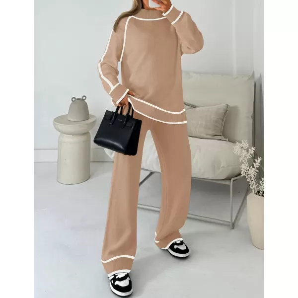 imageZESICA Womens Two Piece Outfits Sweater Sets Long Sleeve Turtleneck Pullover Tops Wide Leg Pants Lounge SetsKhaki