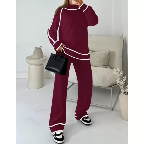 imageZESICA Womens Two Piece Outfits Sweater Sets Long Sleeve Turtleneck Pullover Tops Wide Leg Pants Lounge SetsPlum